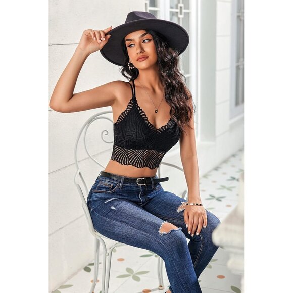 Women's Black Lace Camisoles Double-layered V-neck Sexy Bralettes Crop Top - Picture 4 of 6